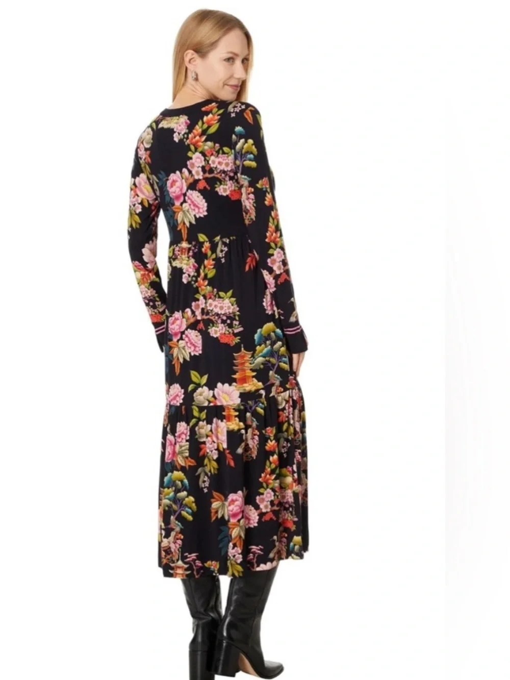 NWT JOHNNY WAS
Janie Floral Print Bamboo Knit Split V-Neck Long Sleeve Dress - Picture 6 of 8
